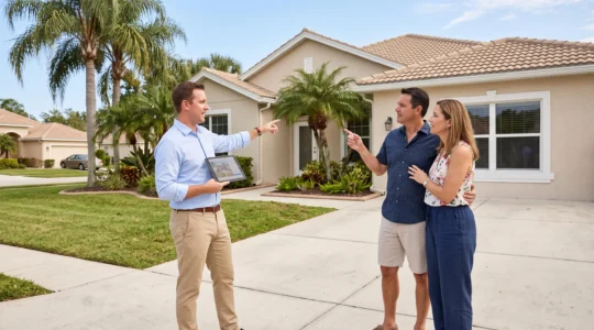 Un courtier présente une maison floridienne à un couple depuis l'allée.