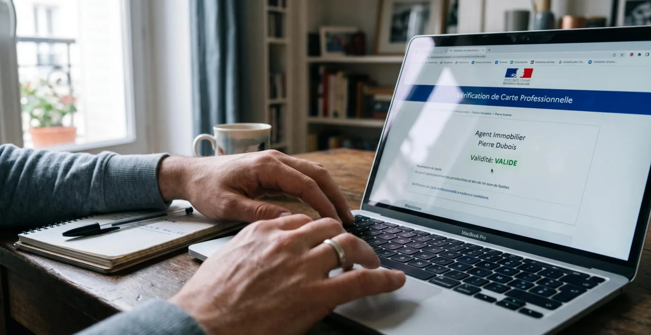 Des mains vérifient une licence immobilière sur un ordinateur portable.